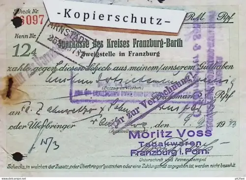 Tabakwaren - M. Voss in Franzburg i. Pommern , 1933 , Barth , Arnstadt , Scheck , Tabak , Mecklenburg