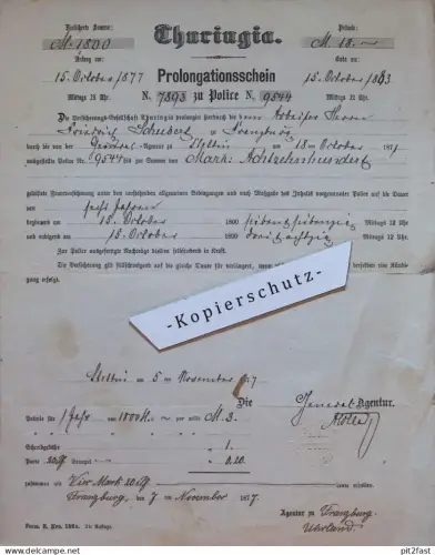 Prolongationsschein - F. Schubert in Franzburg / Stettin i. Pommern , 1877 , Thuringia  !!