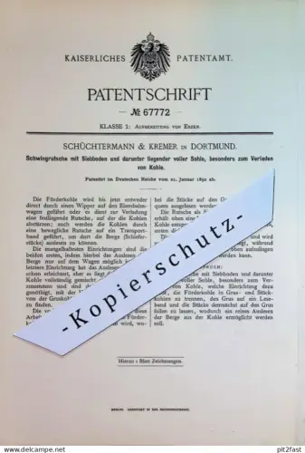 original Patent - Schüchtermann & Kremer , Dortmund | 1892 | Schwingrutsche mit Siebboden zum Verladen von Kohle | Erze
