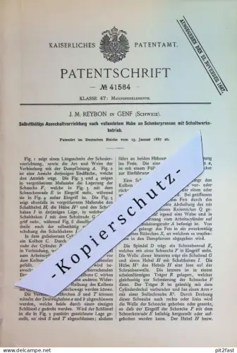 original Patent - J. M. Reybon , Genf , Schweiz | 1887 | Schaltung für Schmierpresse mit Schaltwerksbetrieb | Öl Presse