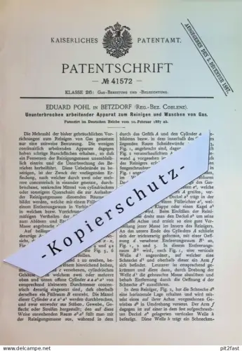 original Patent - Eduard Pohl , Betzdorf , Koblenz | 1887 | Apparat zum Reinigen u. Waschen von Gas | Gase , Brenner !!