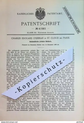 original Patent - Charles Edouard O'Keenan , St. Cloud / Paris , Frankreich | 1886 | Primäre Batterie | Batterien | Akku