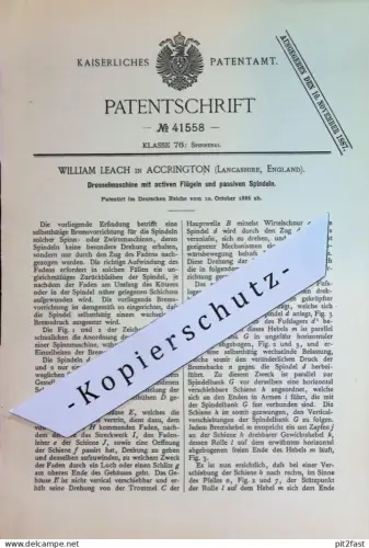 original Patent - William Leach , Accrington , Lancashire , England | 1886 | Drosselmaschine | Spindeln | Spinnmaschine