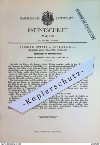 original Patent - Kershaw Jowett , Bentley's Mill , Legrams Lane Bradford England | 1887 | Musterkarte f. Schaftmaschine