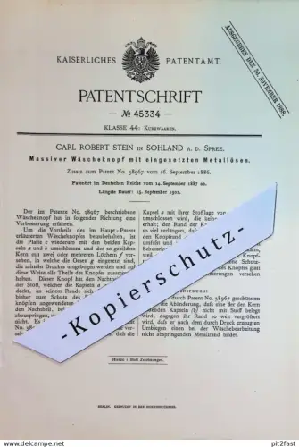 original Patent - Carl Robert Stein , Sohland / Spree | 1887 | Wäscheknopf mit Metallösen | Knopf , Knöpfe , Wäsche !