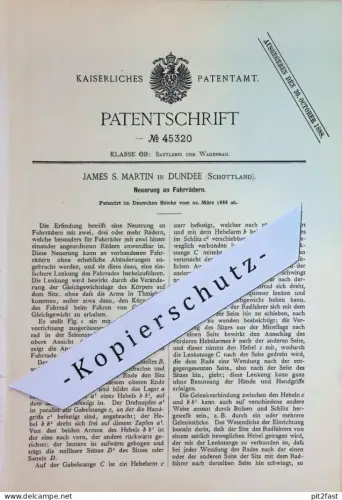 original Patent - James S. Martin , Dundee , Schottland | 1888 | Fahrräder | Fahrrad , Velociped , Dreirad , Einrad !!