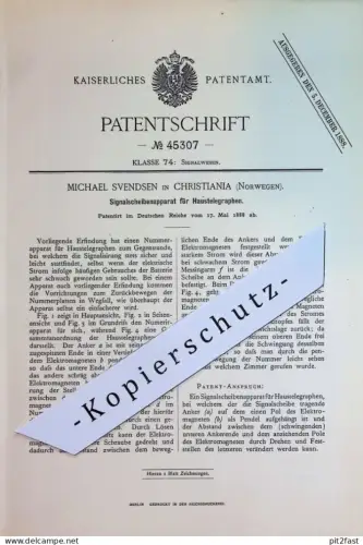 original Patent - Michael Svendsen , Christiania , Norwegen | 1888 | Signalscheibenapparat für Haustelegraph | Telegraph