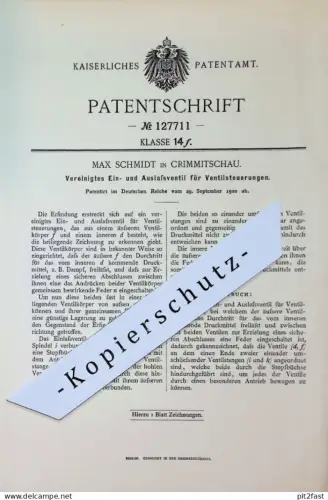 original Patent - Max Schmidt , Crimmitschau | 1900 | Einlaufventil u. Auslaufventil für Ventilsteuerung | Ventile !!