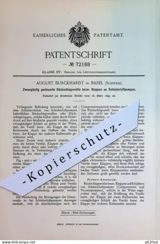 original Patent - August Burckhardt , Basel , Schweiz | 1893 | Rückschlagventil an Schieberluftpumpe | Gebläse Luftpumpe