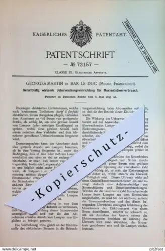 original Patent - Georges Martin , Bar Le Duc , Meuse , Frankreich | 1893 | Überwachung von Stromverbrauch | Stromzähler