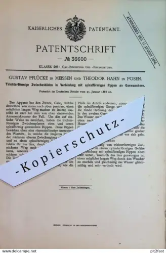 original Patent - Gustav Pflücke , Meißen | Theodor Hahn , Posen | 1886 | Rippen an Gaswascher | Gas Heizung Beleuchtung