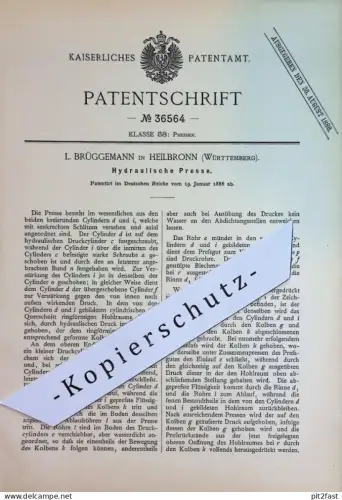 original Patent - L. Brüggemann , Heilbronn , Württemberg | 1886 | Hydraulische Presse | Pressen | Hydraulik , Kolben !