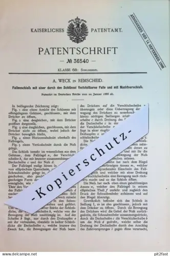 original Patent - A. Weck , Remscheid | 1886 | Fallenschloss | Schloss , Türschloss , Schlösser | Schlosserei Schlüssel