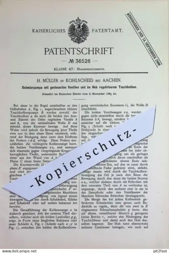 original Patent - H. Müller , Kohlscheid bei Aachen | 1885 | Schmierpumpe mit gesteuertem Ventil | Öl , Pumpe , Pumpen