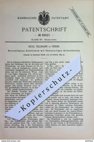 original Patent - Rich. Tillmann , Neisse / Neiße | 1885 | Verstellbares Schutzdach mit Seitenteilen | Markise , Fenster