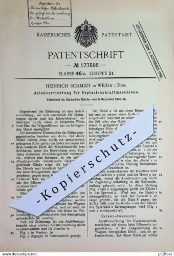 original Patent - Heinrich Schmidt , Weida / Thüringen | 1905 | Anlasser für Explosionskraftmaschinen | Motor , Motoren