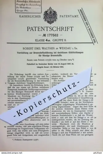 original Patent - Robert Emil Walther , Werdau 1904 | Brennstoffzuführung an Gasglühlichtlampen für flüssige Brennstoffe