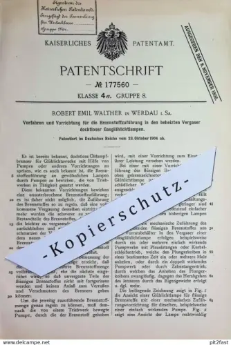 original Patent - Robert Emil Walther , Werdau | 1904 | Brennstoffzuführung in Vergaser dochtloser Gasglühlichtlampen