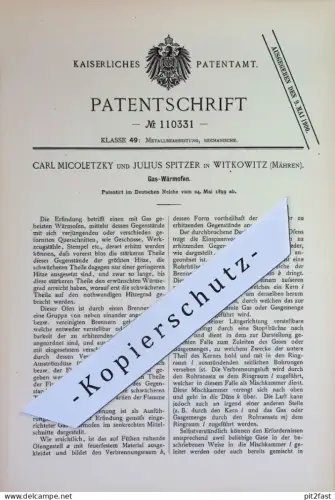 original Patent - Carl Micoletzky , Julius Spitzer , Witkowitz , Mähren | 1899 | Gas - Wärmofen | Gasofen , Ofen , Öfen