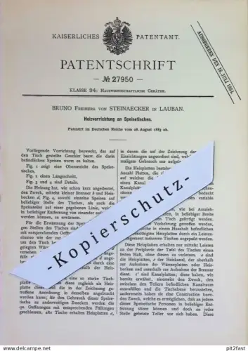 original Patent - Bruno Freiherr von Steinaecker , Lauban | 1883 | Heizvorrichtung am Speisetisch | Geschirr warm halten