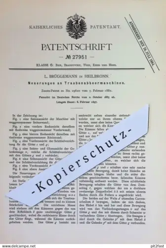 original Patent - L. Brüggemann , Heilbronn | 1883 | Traubenabbeermaschinen | Weintrauben , Wein , Beeren , Sekt , Ernte