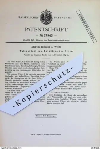 original Patent - Anton Besser , Wien , Österreich | 1883 | Walzenstuhl zum Enthülsen der Hirse | Mühle , Mühlen !!!