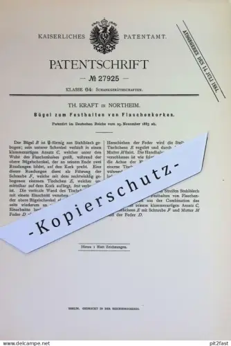 original Patent - Th. Kraft , Northeim | 1883 |  Bügel zum Festhalten von Flaschenkorken | Bier - Flasche | Korken Kork