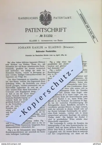 original Patent - Johann Karlik , Kladno , Böhmen | 1884 | Pendelrätter | Rätter zum Sortieren von Kohle , Erz | Erze