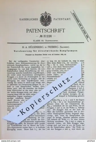 original Patent -  H. A. Hülsenberg , Freiberg , Sachsen | 1884 | Vorsteuerung für Dampfpumpen | Dampfmaschine , Motor