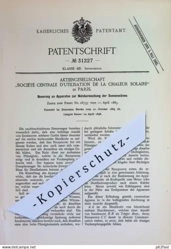 original Patent - AG Société Centrale D'utilisation de la Chaleur Solaire , Paris Frankreich | 1883 | Sonnenwärme nutzen