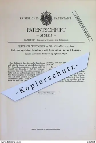 original Patent - Friedrich Westmeyer , St. Johann / Saar | 1884 | Schienengleise - Hebebock | Eisenbahn , Gleis Gleise