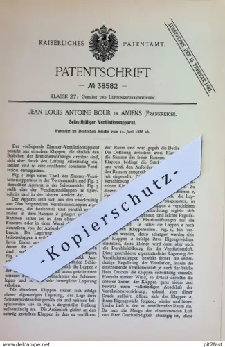 original Patent - Jean Louis Antoine Bour , Amiens Frankreich | 1886 | Ventilationsapparat | Ventilator Gebläse Lüftung