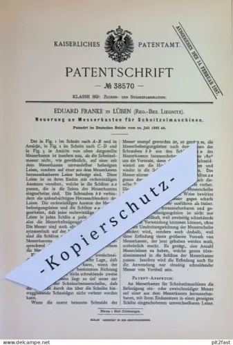 original Patent - Eduard Franke , Lüben / Liegnitz | 1886 | Messerkasten für Schnitzelmaschinen | Rüben , Zuckerfabrik