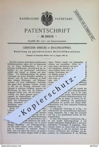 original Patent - Gebrüder Eimecke , Braunschweig | 1886 | geschlossene Heißluftmaschine | Kraftmaschine , Motor Motoren