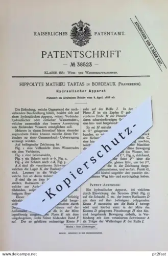 original Patent - Hippolyte Mathieu Tartas , Bordeaux Frankreich | 1886 | Hydraulischer Apparat | Hydraulik , Wasserrad