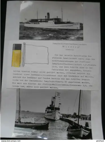 Foto mit Schiff "Wollin" , Reederei Stettin , Archivblatt - technische Daten und Historie , Schiffbau , Pommern !!