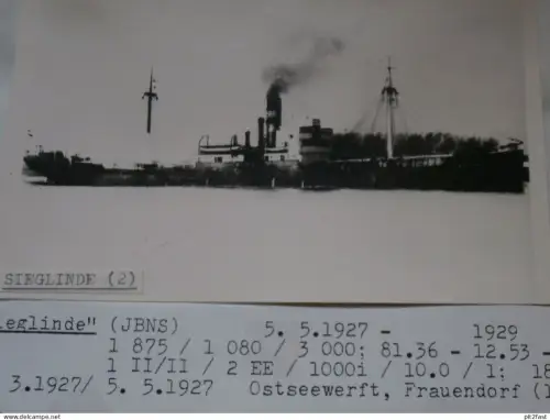 Foto mit Schiff "Sieglinde" , Reederei Stettin , Archivblatt - technische Daten und Historie , Schiffbau , Pommern !!
