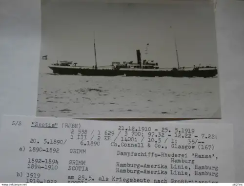 Foto mit Schiff "Scotia" Reederei Stettin , Archivblatt - technische Daten und Historie , Schiffbau , Pommern !!
