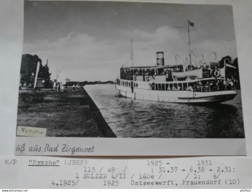 Foto mit Schiff "Nymphe" Reederei Stettin , Archivblatt - technische Daten und Historie , Schiffbau , Pommern !!