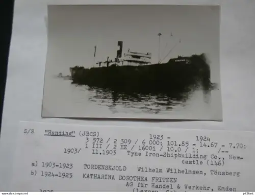 Foto mit Schiff "Hunding" Reederei Stettin , Archivblatt - technische Daten und Historie , Schiffbau , Pommern !!