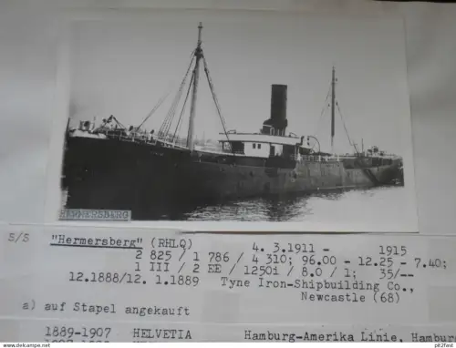 Foto mit Schiff "Hermersberg" Reederei Stettin , Archivblatt - technische Daten und Historie , Schiffbau , Pommern !!