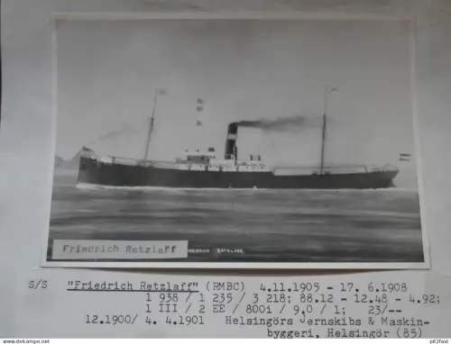 Foto mit Schiff "Friedrich Retzlaff Reederei Stettin , Archivblatt - technische Daten und Historie , Schiffbau , Pommern