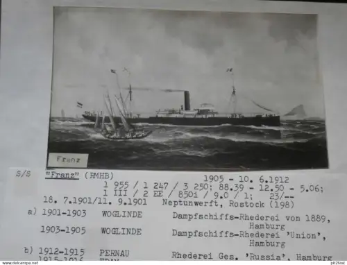Foto mit Schiff "Franz", Reederei Stettin , Archivblatt - technische Daten und Historie , Schiffbau , Pommern !!