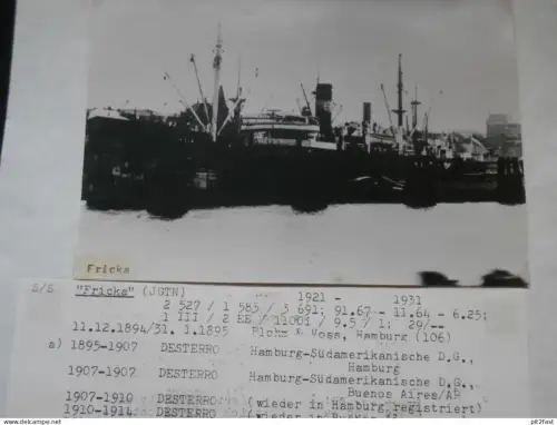 Foto mit Schiff "Fricka", Reederei Stettin , Archivblatt - technische Daten und Historie , Schiffbau , Pommern !!