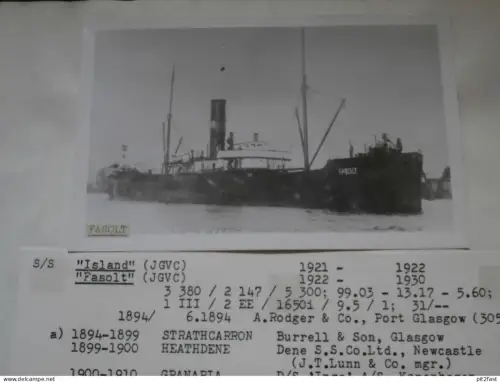 Foto mit Schiff "Island", Reederei Stettin , Archivblatt - technische Daten und Historie , Schiffbau , Pommern !!