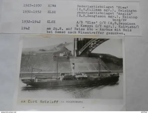 Foto mit Schiff "Curt Retzlaff", Reederei Stettin , Archivblatt - technische Daten und Historie , Schiffbau , Pommern !