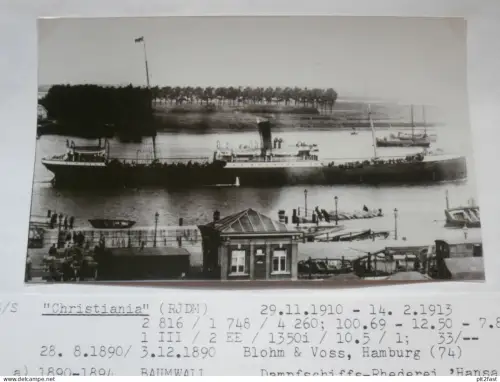 Foto mit Schiff "Christiania", Reederei Stettin , Archivblatt - technische Daten und Historie , Schiffbau , Pommern !