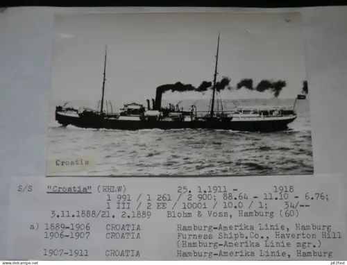 Foto mit Schiff "Croatia", Reederei Stettin , Archivblatt - technische Daten und Historie , Schiffbau , Pommern !