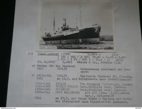 Foto mit Schiff "Carl Levers", Reederei Stettin , Archivblatt - technische Daten und Historie , Schiffbau , Pommern !