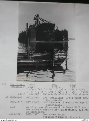 Foto mit Schiff "Brunhilde", Reederei Stettin , Archivblatt - technische Daten und Historie , Schiffbau , Pommern !